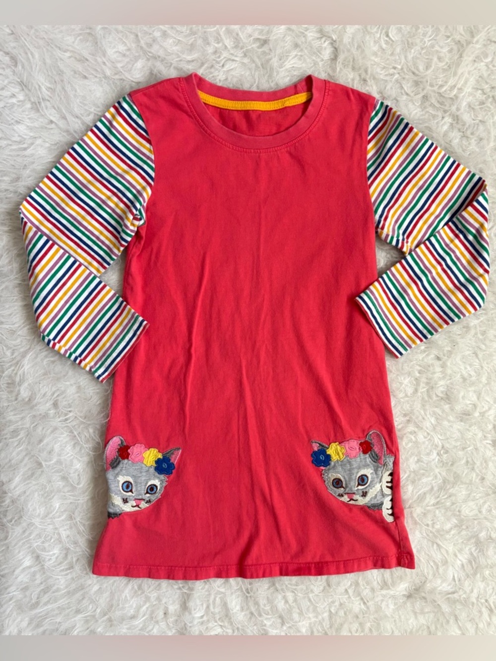 Girls' Red Dress with Rainbow Stripe Sleeves & Playful Kitty Appliqués